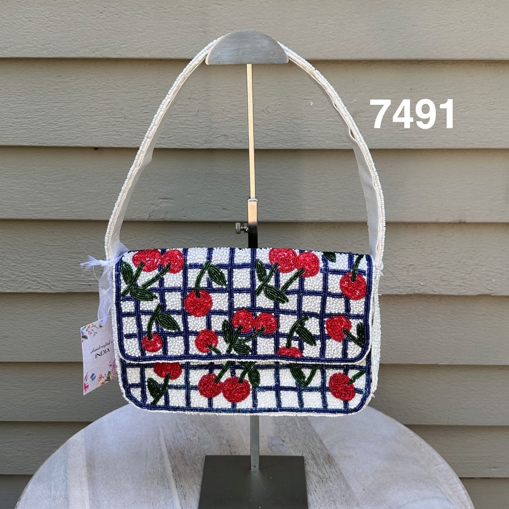 Handcrafted India Beaded Cherry Grid Shoulder Bag White Navy Red Sequin NEW